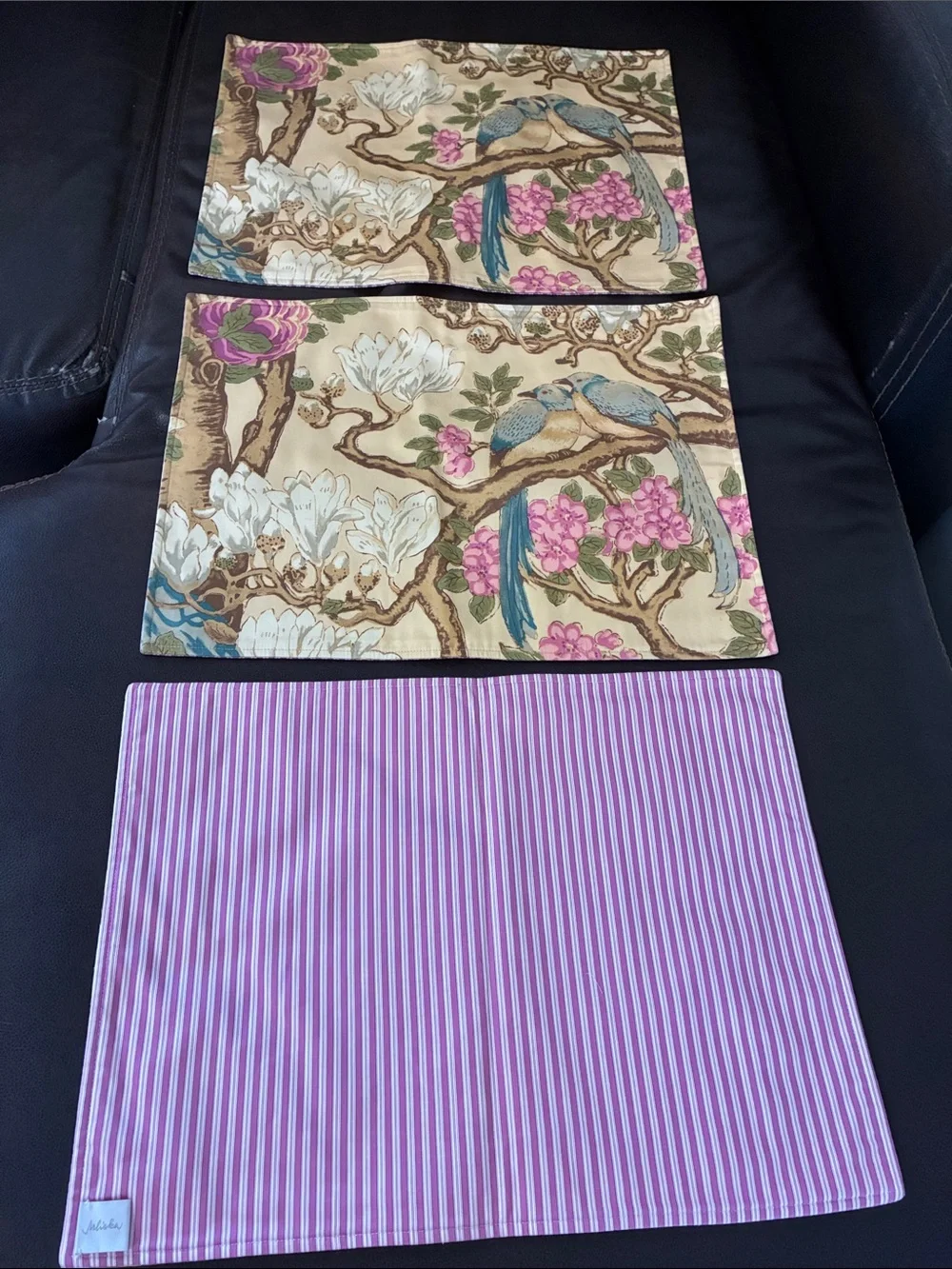 Juliska Beige Placemat Set of 3 with Blue Birds and Pink Flowers 19 X 14”